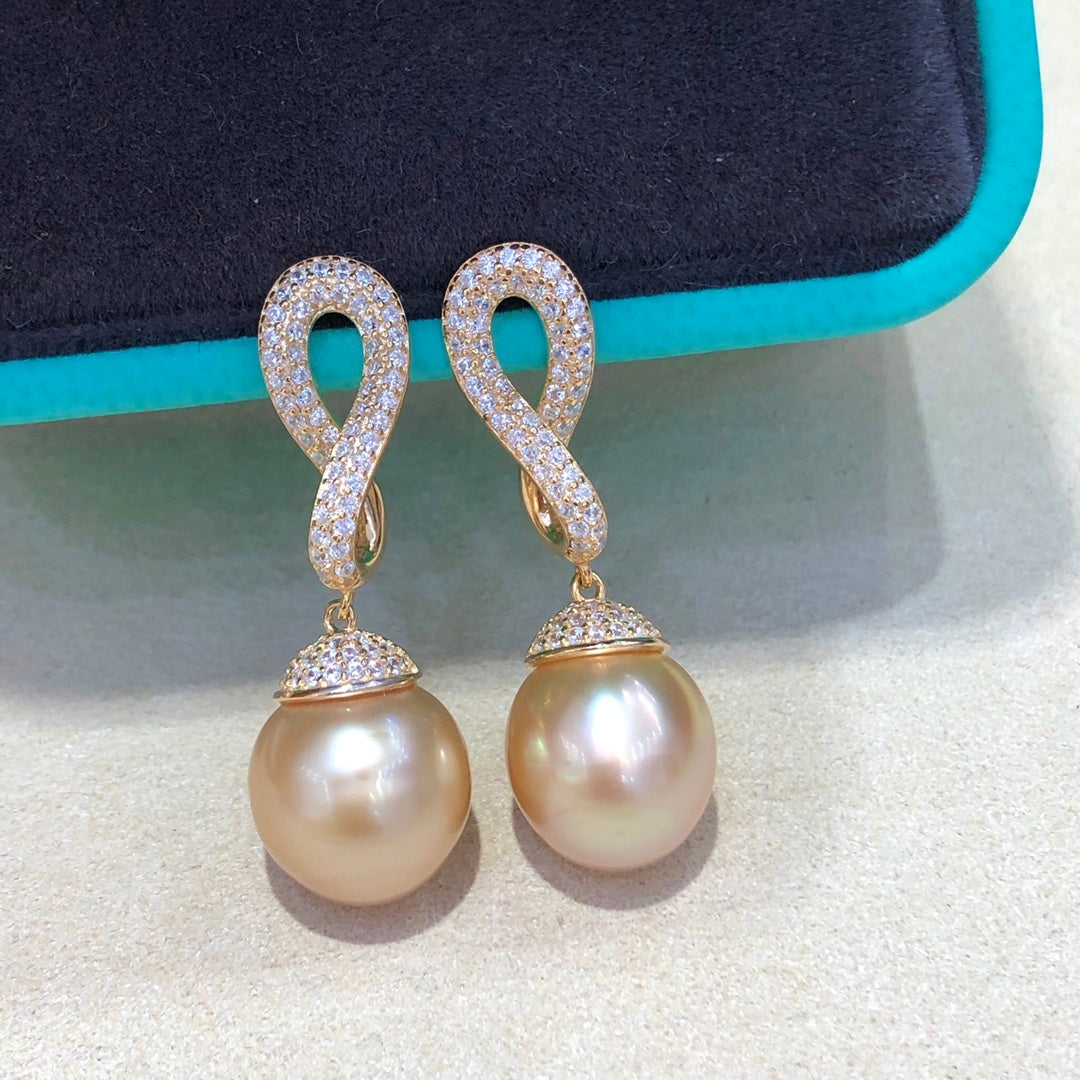 11mm  South Sea Gold Pearl Earrings & 925 Sterling Sliver