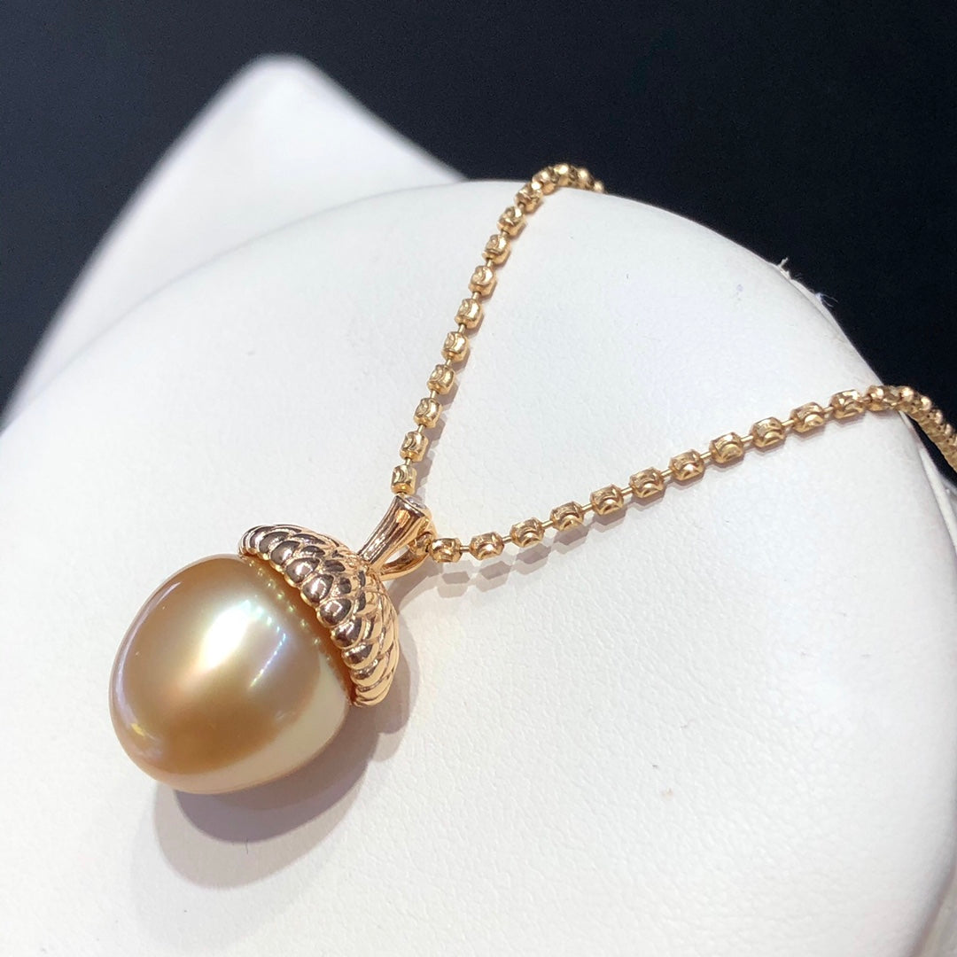 12-13mm Acorn Shaped South Sea Golden Pearl Pendant & 925 Sterling Silver