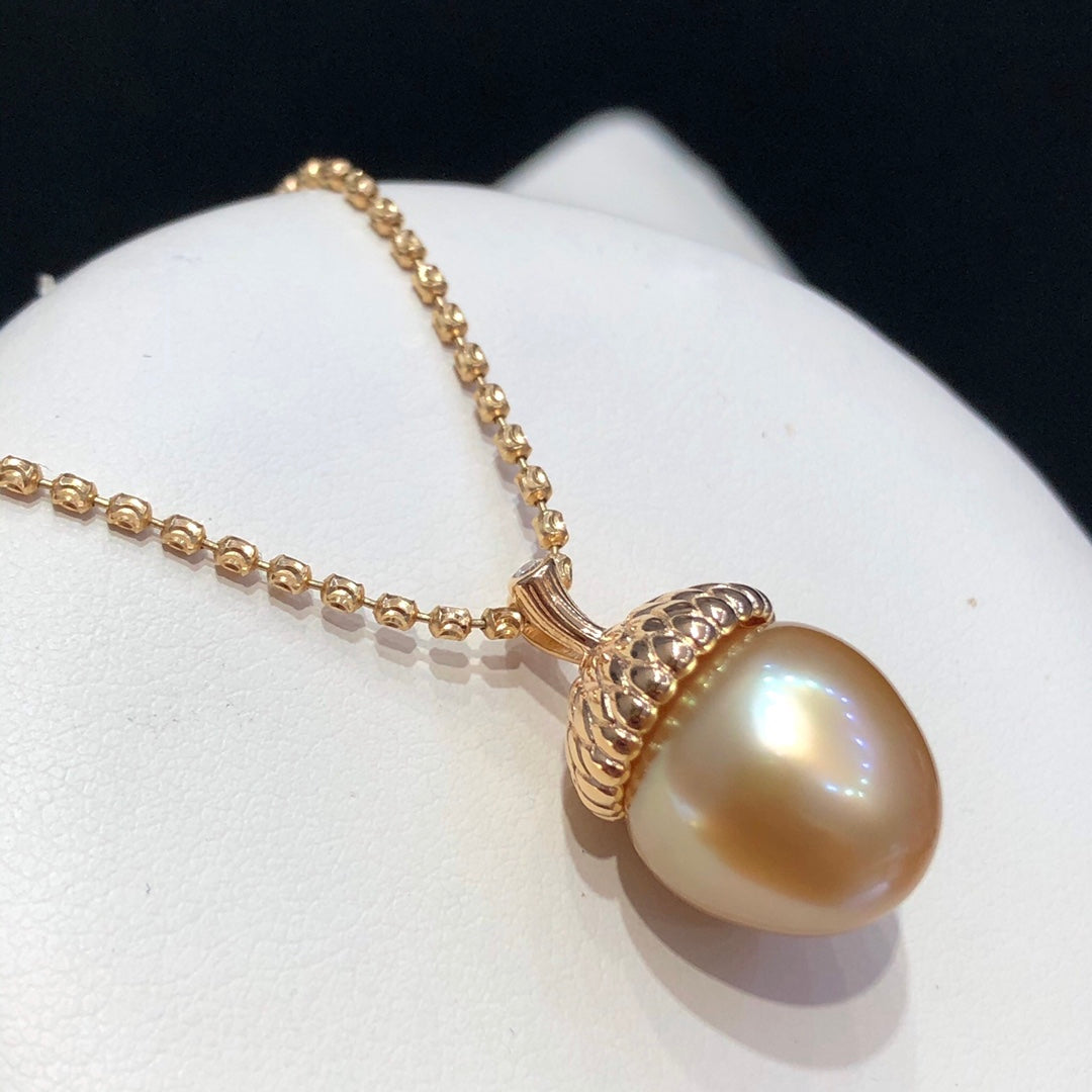 12-13mm Acorn Shaped South Sea Golden Pearl Pendant & 925 Sterling Silver