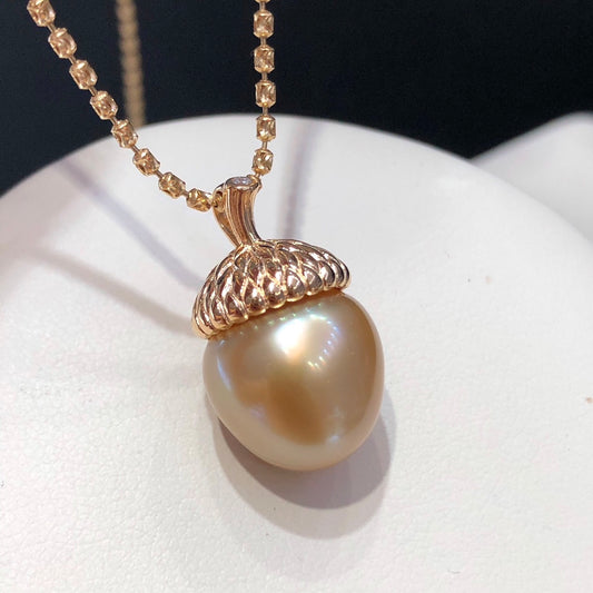 12-13mm Acorn Shaped South Sea Golden Pearl Pendant & 925 Sterling Silver