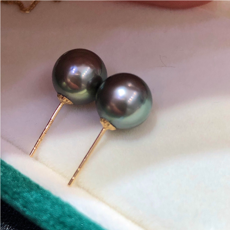 8-9mm Tahitian Seawater Pearl Stud Earrings In 18k Solid Gold