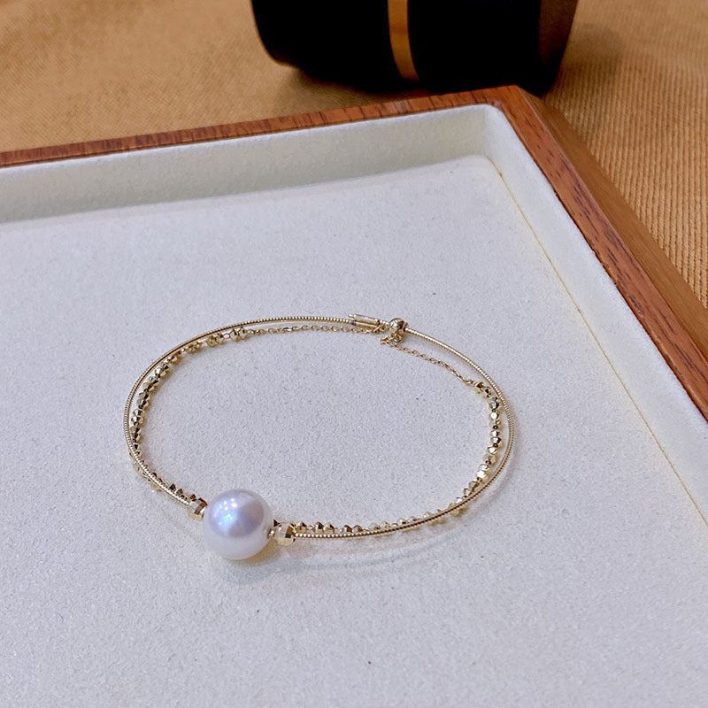 Japanese Akoya Sea Pearl 18k Gold Stretch Double Bangle