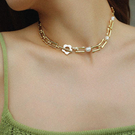 Bamboo Chain Panel Pearl Choker