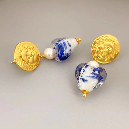 Blue and White Porcelain Pattern Glass Pearl Earrings