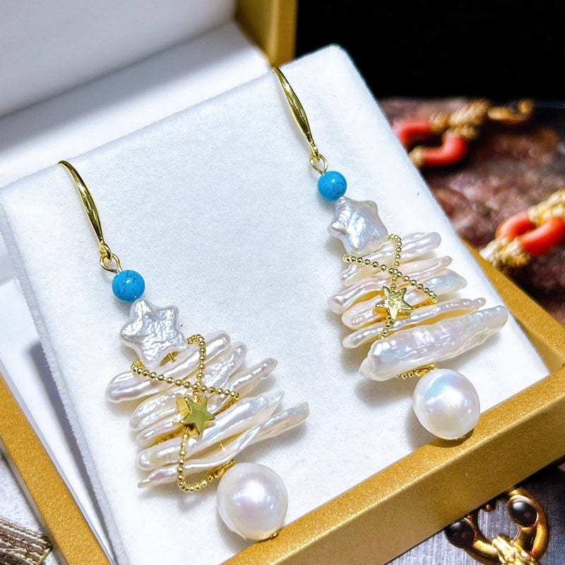 Christmas Tree Baroque Natural Pearl Pendant & Earrings