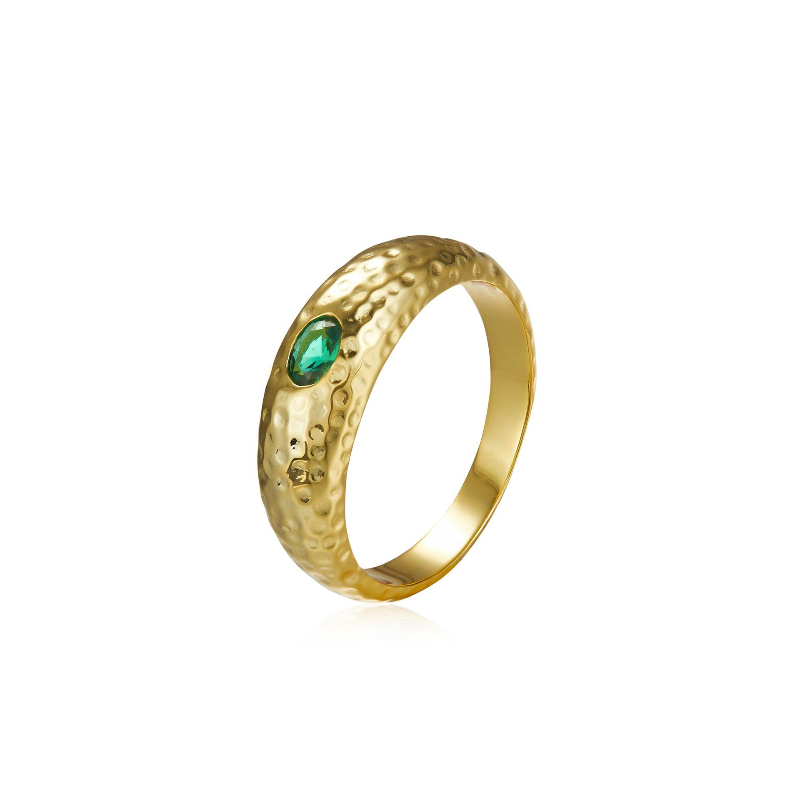 Hand Hammered Emerald Green Zircon Ring