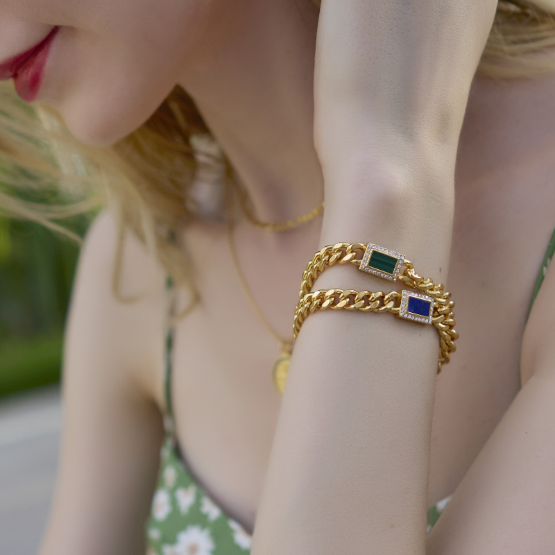 Natural Lapis & Natural Malachite Cuban Chain Vintage Bracelet