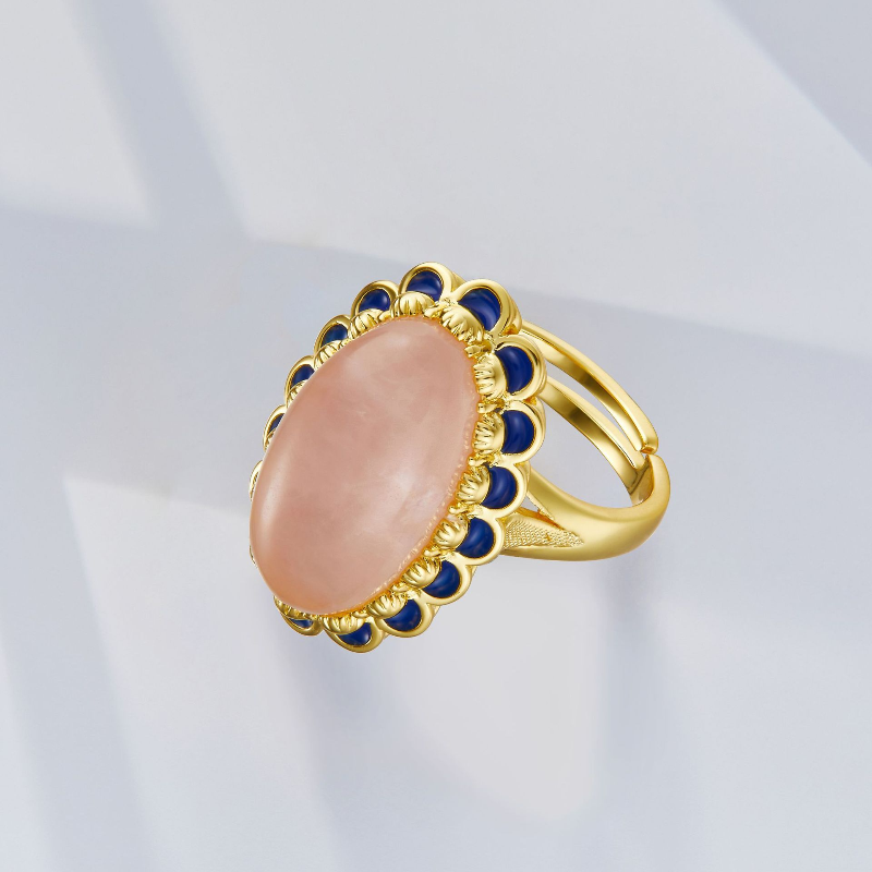 Natural Pink Crystal Inlaid Enamel S925 Sterling Silver Ring