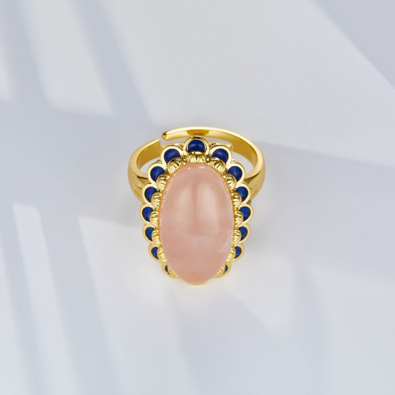 Natural Pink Crystal Inlaid Enamel S925 Sterling Silver Ring