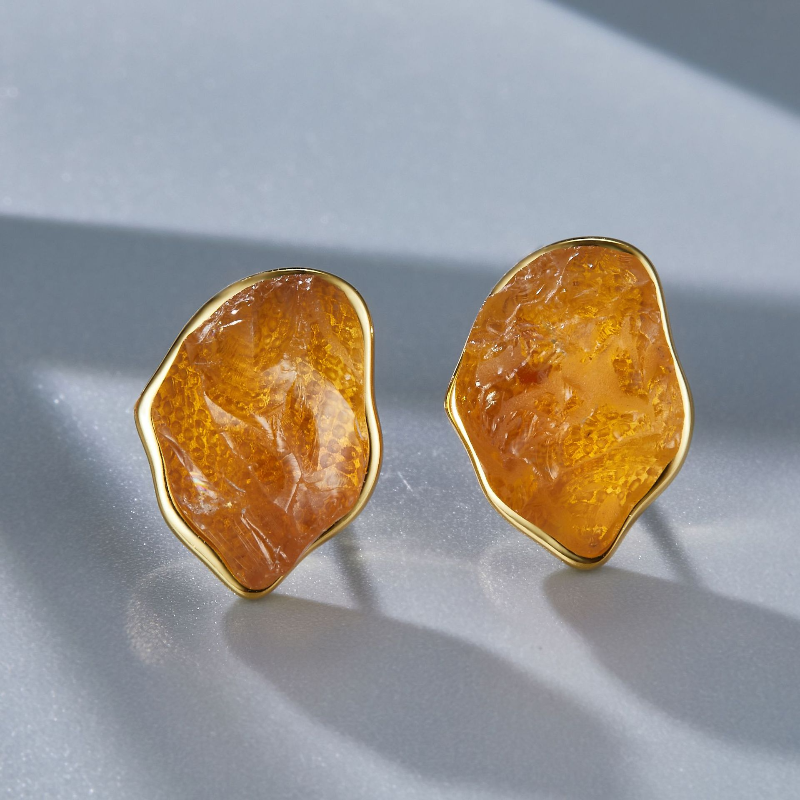 Natural Rough Citrine S925 Sterling Silver Stud Earrings