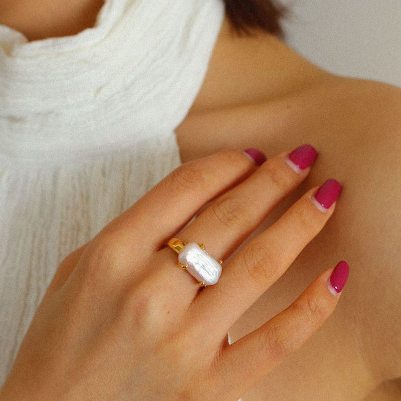 Square Baroque Pearl Ring with Adjustable Opening