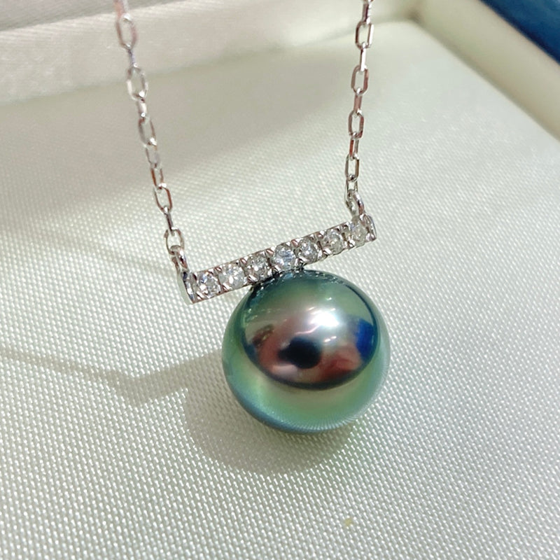 9-10mm Tahitian Malachite Pearl Pendant &18k Gold Diamond