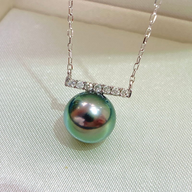 9-10mm Tahitian Malachite Pearl Pendant &18k Gold Diamond