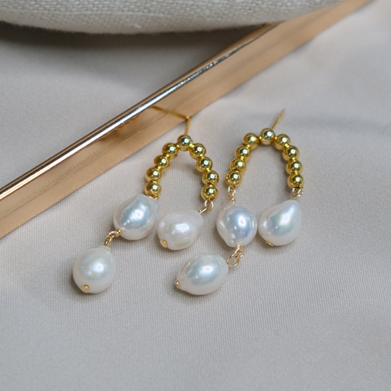 Vintage Baroque Pearl Drop Earrings U Shaped Asymmetrical