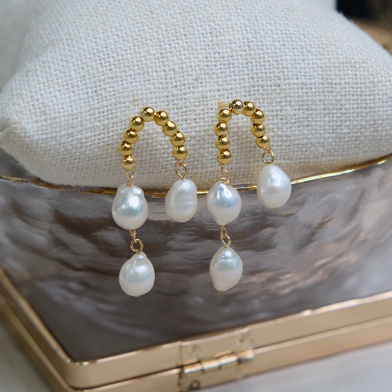 Vintage Baroque Pearl Drop Earrings U Shaped Asymmetrical