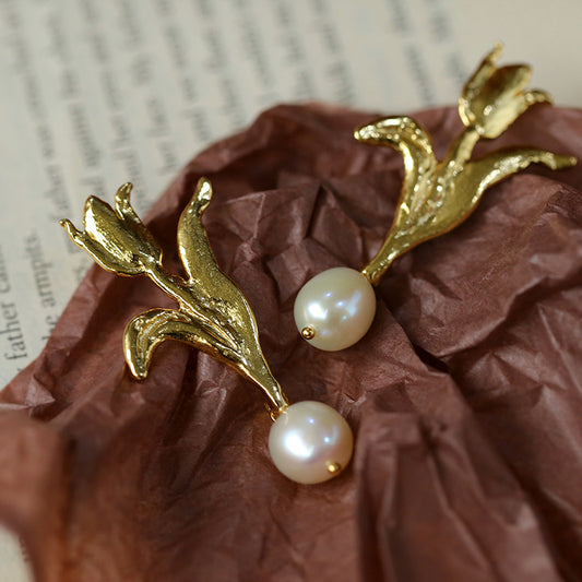 Vintage Tulip Pearl Earrings