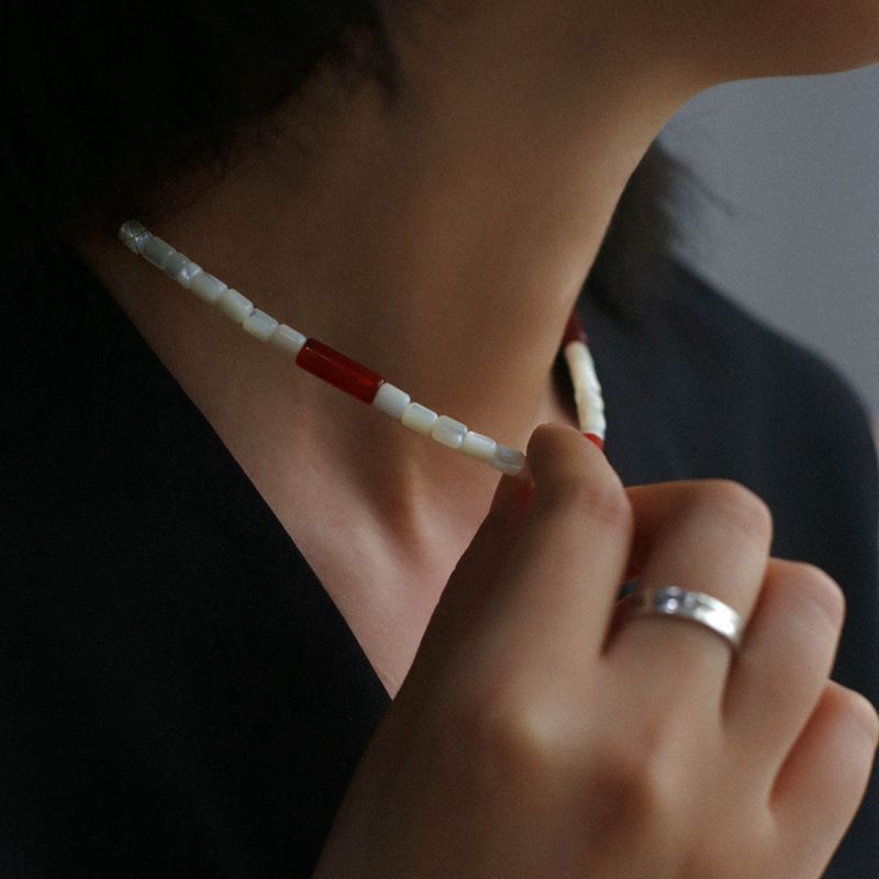 White Butterfly Shell and Red Agate Beaded Necklace