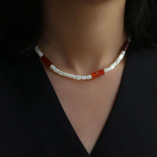 White Butterfly Shell and Red Agate Beaded Necklace