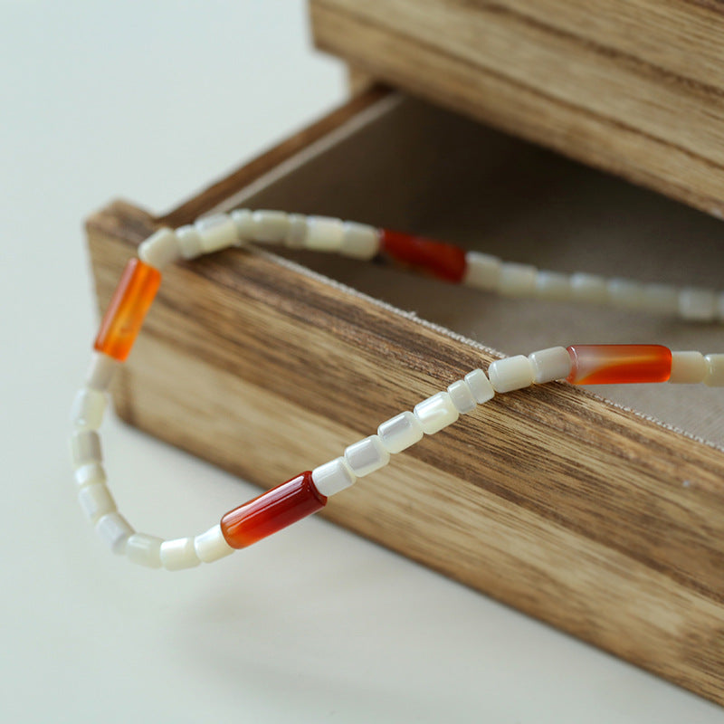 White Butterfly Shell and Red Agate Beaded Necklace