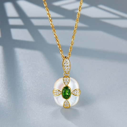 White Mother-of-pearl Natural Diopside S925 Sterling Silver Pendant